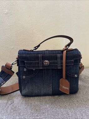 True Religion Dark Blue Denim Crossbody with Brown Leather Accents